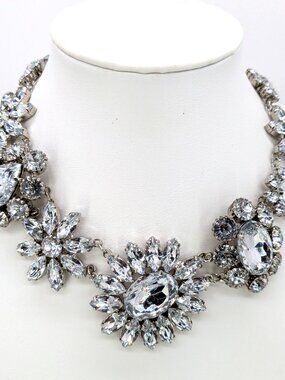 White House Black Market Necklace Rhinestone Statement Bib Silvertone Adj 20in